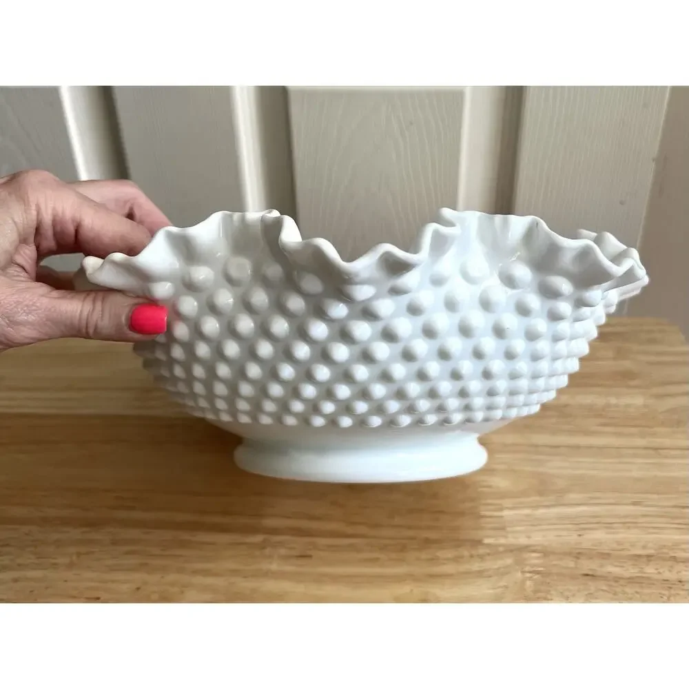 FENTON Vintage Milk Glass Round Hob Nail Double Crimped Ruffle Edge Lg Bowl 11